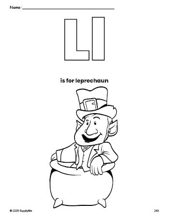 Free printable leprechaun St. Patrick's Day coloring page, letter l coloring page for preschool, pre-k, and kindergarten, PDF