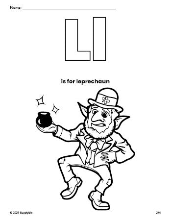 Free printable leprechaun St. Patrick's Day coloring page, letter l coloring page for preschool, pre-k, and kindergarten, PDF