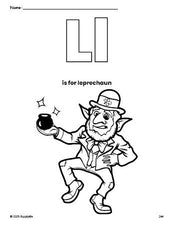 Free printable leprechaun St. Patrick's Day coloring page, letter l coloring page for preschool, pre-k, and kindergarten, PDF