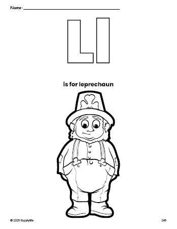 Free printable leprechaun St. Patrick's Day coloring page, letter l coloring page for preschool, pre-k, and kindergarten, PDF