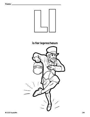 Free printable leprechaun St. Patrick's Day coloring page, letter l coloring page for preschool, pre-k, and kindergarten, PDF