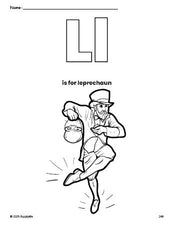 Free printable leprechaun St. Patrick's Day coloring page, letter l coloring page for preschool, pre-k, and kindergarten, PDF