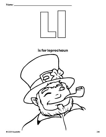 Free printable leprechaun St. Patrick's Day coloring page, letter l coloring page for preschool, pre-k, and kindergarten, PDF