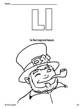 Free printable leprechaun St. Patrick's Day coloring page, letter l coloring page for preschool, pre-k, and kindergarten, PDF