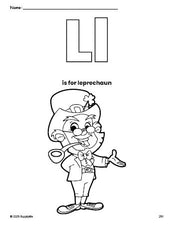 Free printable leprechaun St. Patrick's Day coloring page, letter l coloring page for preschool, pre-k, and kindergarten, PDF