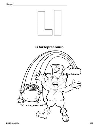 Free printable leprechaun St. Patrick's Day coloring page, letter l coloring page for preschool, pre-k, and kindergarten, PDF