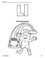 Free printable leprechaun St. Patrick's Day coloring page, letter l coloring page for preschool, pre-k, and kindergarten, PDF