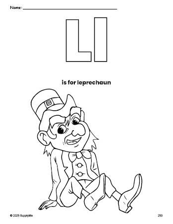 Free printable leprechaun St. Patrick's Day coloring page, letter l coloring page for preschool, pre-k, and kindergarten, PDF