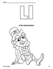 Free printable leprechaun St. Patrick's Day coloring page, letter l coloring page for preschool, pre-k, and kindergarten, PDF