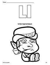 Free printable leprechaun St. Patrick's Day coloring page, letter l coloring page for preschool, pre-k, and kindergarten, PDF