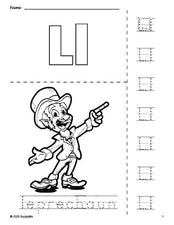 Free printable leprechaun St. Patrick's Day coloring page and letter tracing worksheet, letter l worksheet for preschool, pre-k, and kindergarten, PDF