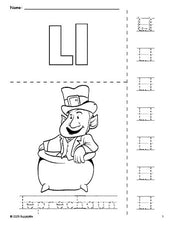 Free printable leprechaun St. Patrick's Day coloring page and letter tracing worksheet, letter l worksheet for preschool, pre-k, and kindergarten, PDF