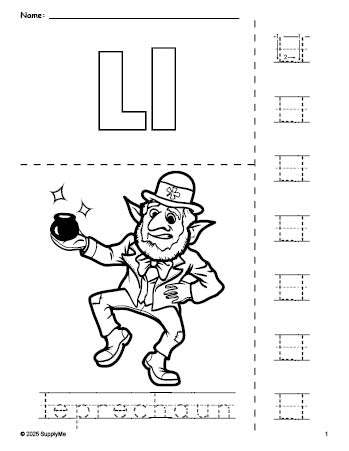 Free printable leprechaun St. Patrick's Day coloring page and letter tracing worksheet, letter l worksheet for preschool, pre-k, and kindergarten, PDF