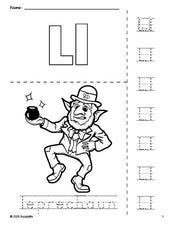 Free printable leprechaun St. Patrick's Day coloring page and letter tracing worksheet, letter l worksheet for preschool, pre-k, and kindergarten, PDF