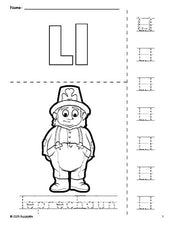 Free printable leprechaun St. Patrick's Day coloring page and letter tracing worksheet, letter l worksheet for preschool, pre-k, and kindergarten, PDF