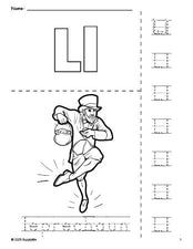 Free printable leprechaun St. Patrick's Day coloring page and letter tracing worksheet, letter l worksheet for preschool, pre-k, and kindergarten, PDF