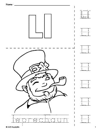 Free printable leprechaun St. Patrick's Day coloring page and letter tracing worksheet, letter l worksheet for preschool, pre-k, and kindergarten, PDF