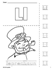 Free printable leprechaun St. Patrick's Day coloring page and letter tracing worksheet, letter l worksheet for preschool, pre-k, and kindergarten, PDF