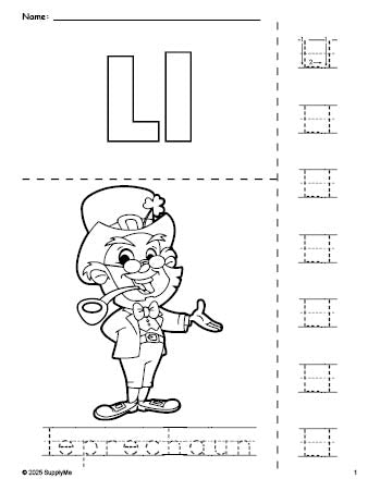 Free printable leprechaun St. Patrick's Day coloring page and letter tracing worksheet, letter l worksheet for preschool, pre-k, and kindergarten, PDF