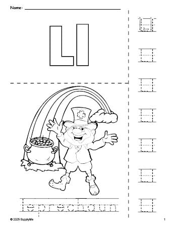 Free printable leprechaun St. Patrick's Day coloring page and letter tracing worksheet, letter l worksheet for preschool, pre-k, and kindergarten, PDF