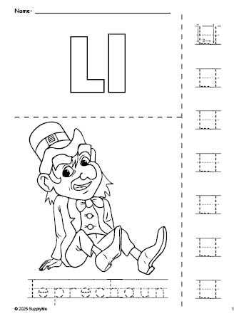 Free printable leprechaun St. Patrick's Day coloring page and letter tracing worksheet, letter l worksheet for preschool, pre-k, and kindergarten, PDF