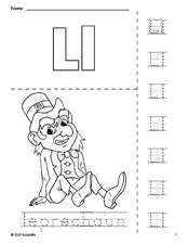 Free printable leprechaun St. Patrick's Day coloring page and letter tracing worksheet, letter l worksheet for preschool, pre-k, and kindergarten, PDF