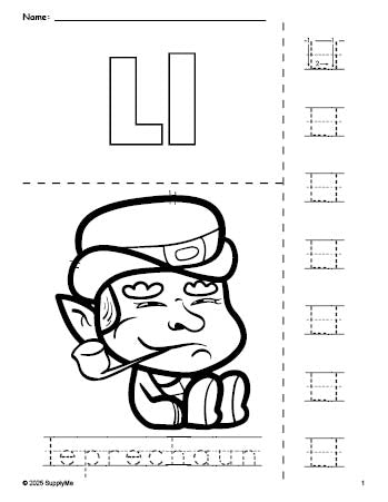 Free printable leprechaun St. Patrick's Day coloring page and letter tracing worksheet, letter l worksheet for preschool, pre-k, and kindergarten, PDF