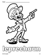 Free printable leprechaun St. Patrick's Day coloring page for preschool, pre-k, and kindergarten, PDF