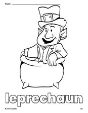 Free printable leprechaun St. Patrick's Day coloring page for preschool, pre-k, and kindergarten, PDF