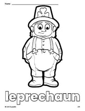 Free printable leprechaun St. Patrick's Day coloring page for preschool, pre-k, and kindergarten, PDF