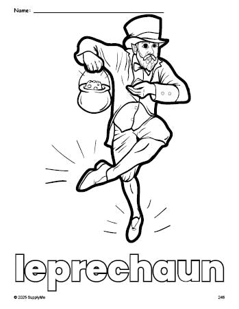 Free printable leprechaun St. Patrick's Day coloring page for preschool, pre-k, and kindergarten, PDF