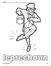 Free printable leprechaun St. Patrick's Day coloring page for preschool, pre-k, and kindergarten, PDF