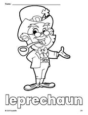 Free printable leprechaun St. Patrick's Day coloring page for preschool, pre-k, and kindergarten, PDF