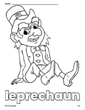 Free printable leprechaun St. Patrick's Day coloring page for preschool, pre-k, and kindergarten, PDF