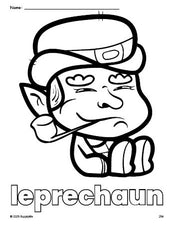 Free printable leprechaun St. Patrick's Day coloring page for preschool, pre-k, and kindergarten, PDF