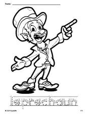 Free printable leprechaun St. Patrick's Day coloring page and word tracing worksheet, letter formation guides, perfect for preschool, pre-k, and kindergarten, PDF