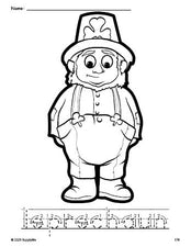 Free printable leprechaun St. Patrick's Day coloring page and word tracing worksheet, letter formation guides, perfect for preschool, pre-k, and kindergarten, PDF