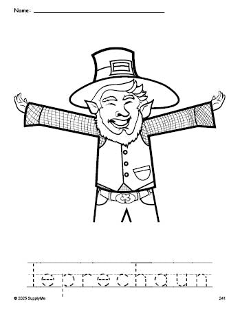 Free printable leprechaun St. Patrick's Day coloring page and word tracing worksheet, perfect for preschool, pre-k, and kindergarten, PDF