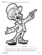 Free printable leprechaun St. Patrick's Day coloring page and word tracing worksheet, perfect for preschool, pre-k, and kindergarten, PDF