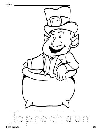 Free printable leprechaun St. Patrick's Day coloring page and word tracing worksheet, perfect for preschool, pre-k, and kindergarten, PDF