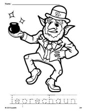 Free printable leprechaun St. Patrick's Day coloring page and word tracing worksheet, perfect for preschool, pre-k, and kindergarten, PDF