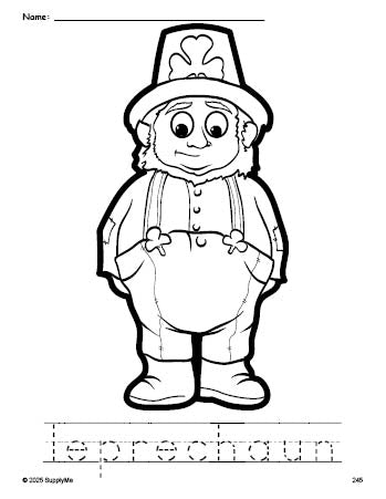 Free printable leprechaun St. Patrick's Day coloring page and word tracing worksheet, perfect for preschool, pre-k, and kindergarten, PDF