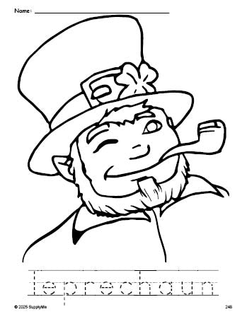 Free printable leprechaun St. Patrick's Day coloring page and word tracing worksheet, perfect for preschool, pre-k, and kindergarten, PDF