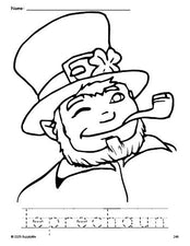 Free printable leprechaun St. Patrick's Day coloring page and word tracing worksheet, perfect for preschool, pre-k, and kindergarten, PDF