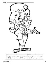 Free printable leprechaun St. Patrick's Day coloring page and word tracing worksheet, perfect for preschool, pre-k, and kindergarten, PDF