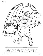 Free printable leprechaun St. Patrick's Day coloring page and word tracing worksheet, perfect for preschool, pre-k, and kindergarten, PDF