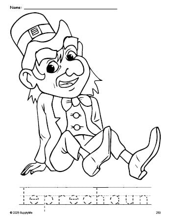 Free printable leprechaun St. Patrick's Day coloring page and word tracing worksheet, perfect for preschool, pre-k, and kindergarten, PDF