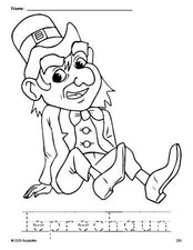 Free printable leprechaun St. Patrick's Day coloring page and word tracing worksheet, perfect for preschool, pre-k, and kindergarten, PDF