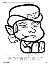 Free printable leprechaun St. Patrick's Day coloring page and word tracing worksheet, perfect for preschool, pre-k, and kindergarten, PDF