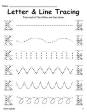 Letter K Tracing Worksheet With Line Tracing, Uppercase And Lowercase Letters, Includes Letter Formation Guides